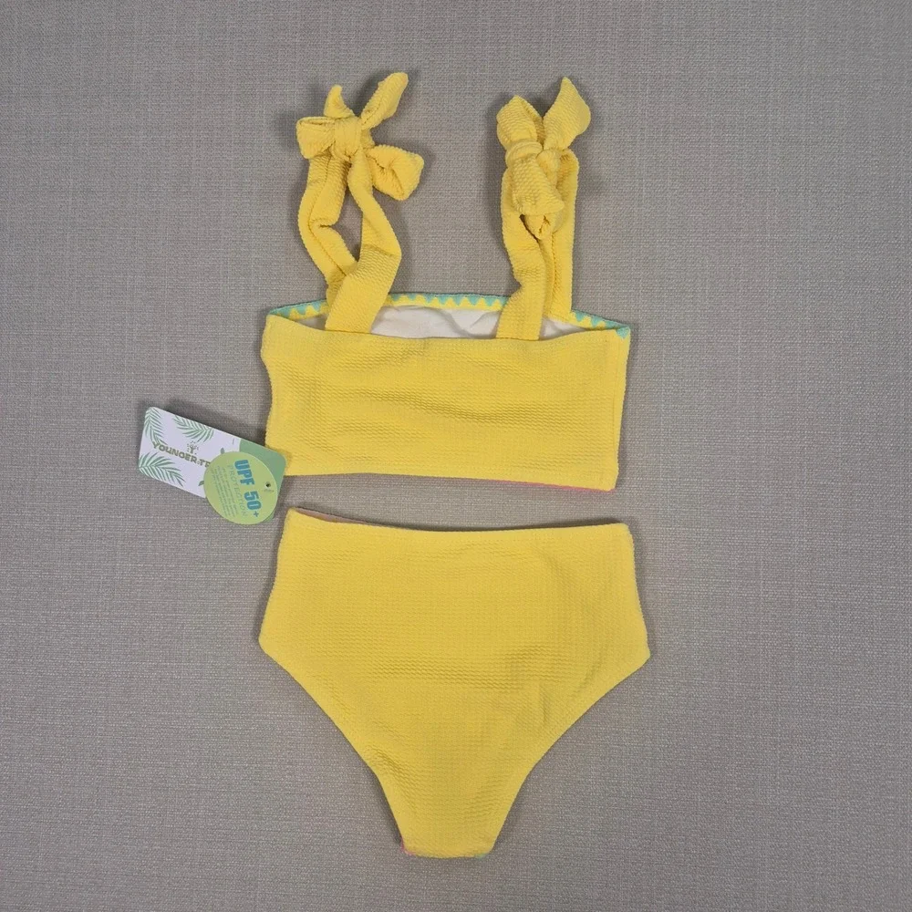 Younger Tree Kids Yellow Waffle Knit Ric Rac Two Piece Swimsuit UPF 50+ 5-6T